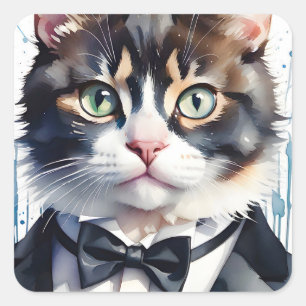 Aquarell-Tabby-Katze im Smoking mit schwarzer Flie Quadratischer Aufkleber