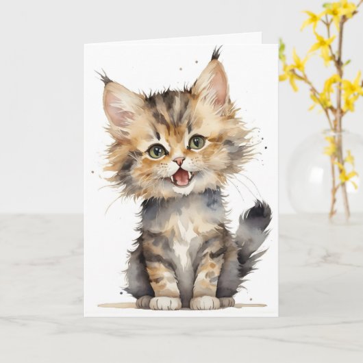 Aquarell Tabby Kitten Geburtstag Karte (Gelbe Blume)