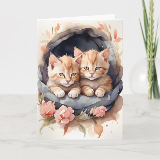 Aquarell Tabby Kittens Brothers Blume Leere Karte (Vorderseite)