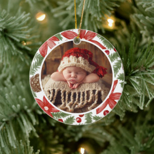 Aquarell-Tannen-Foto-Babys erstes Weihnachten Keramik Ornament