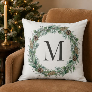 Aquarell-Tannen-Kranz Tannenzapfen-Monogramm Winte Kissen