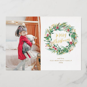 Aquarell-Tannen- und Beerenkranz-Weihnachtsfoto Folieneinladung