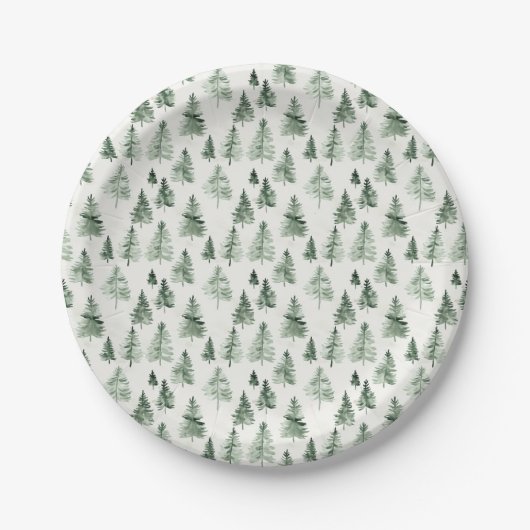 Aquarell-Tannenbaum-Papierteller Waldlandschaft Pappteller (Vorderseite)
