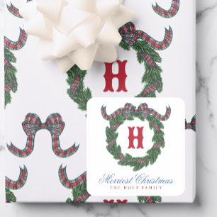 Aquarell-Tartan-Karo-Schleifen-Monogramm-Kranz Quadratischer Aufkleber