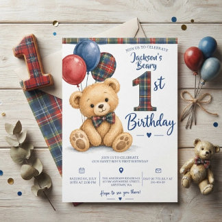 Aquarell-Tartan-Teddybär 1. Geburtstag Einladung