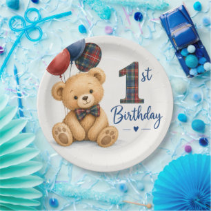Aquarell-Tartan-Teddybär 1. Geburtstag Pappteller