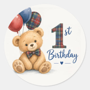 Aquarell-Tartan-Teddybär 1. Geburtstag Runder Aufkleber