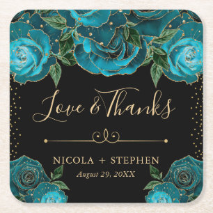 Aquarell Teal und Gold Glam Rosen Hochzeit Rechteckiger Pappuntersetzer