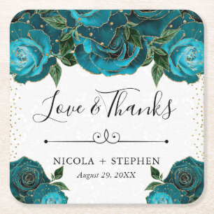 Aquarell Teal- und Gold-Glamour-Rosen-Hochzeit Rechteckiger Pappuntersetzer