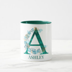 Aquarell-Teal-und-Gold-Monogramm Buchstabe A Tasse