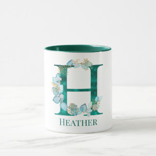 Aquarell-Teal- und Gold-Monogramm Buchstabe H Tasse