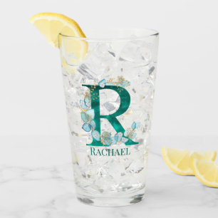 Aquarell-Teal-und-Gold-Monogramm Buchstabe R Glas