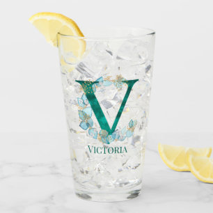 Aquarell-Teal- und Gold-Monogramm Buchstabe V Glas