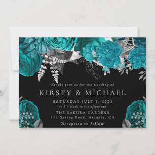 Aquarell Teal und Silber Rosen Hochzeit Einladung