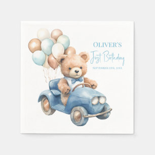 Aquarell-Teddy-Bär-fährt-Auto-erster-Geburtstag Serviette