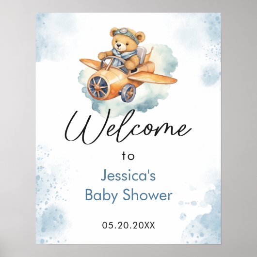 Aquarell Teddy Bear Baby Dusche Willkommen Poster (Vorne)