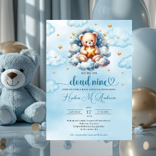 Aquarell-Teddy-Wolke 9 Boy Baby Dusche Einladung
