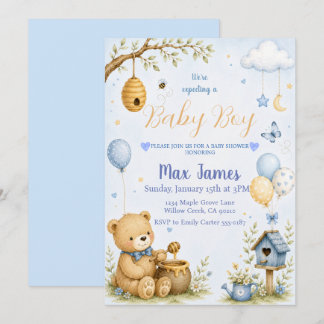 Aquarell-Teddybär-Biene-Baby-Junge-Baby-Party Einladung