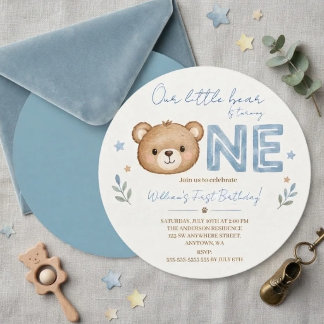 Aquarell-Teddybär EINS 1. Geburtstag Einladung
