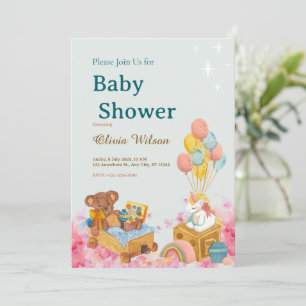 Aquarell-Teddybär-Heißluftballon-Baby-Party Einladung
