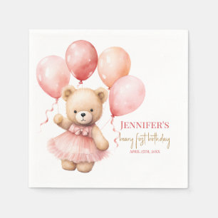 Aquarell-Teddybär-Mädchen 1. Geburtstag Servietten