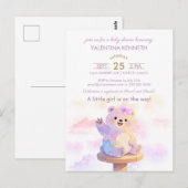 Aquarell-Teddybär-Mädchen-Baby-Shower-Einladung Postkarte (Vorne/Hinten)