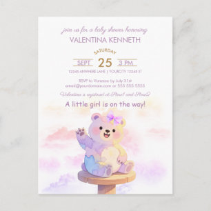 Aquarell-Teddybär-Mädchen-Baby-Shower-Einladung Postkarte
