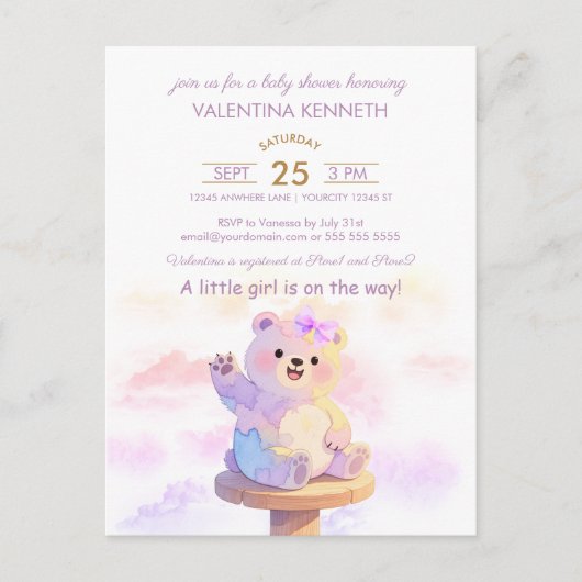 Aquarell-Teddybär-Mädchen-Baby-Shower-Einladung Postkarte (Vorderseite)