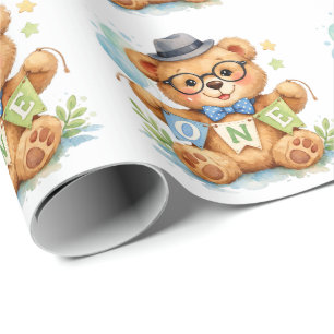 Aquarell-Teddybär mit Geburtstagsbanner ONE Geschenkpapier