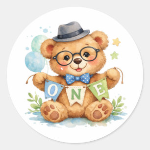 Aquarell-Teddybär mit Geburtstagsbanner ONE Runder Aufkleber