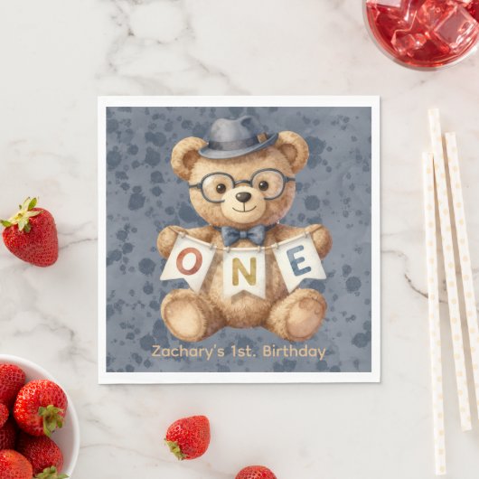 Aquarell-Teddybär mit Geburtstagsbanner ONE Serviette (Beispiel)