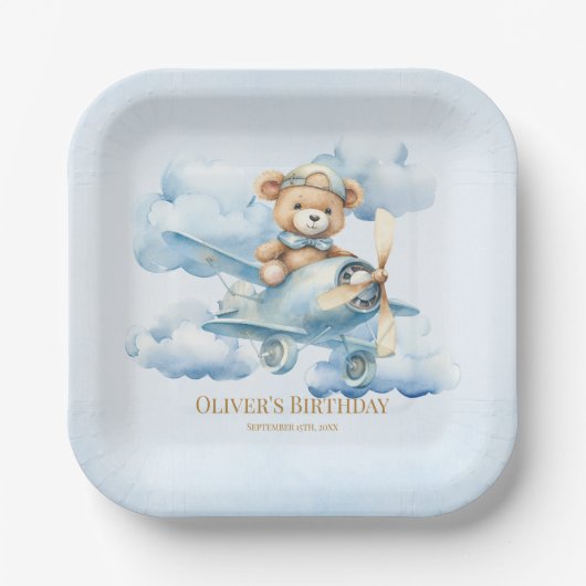 Aquarell-Teddybär-Pilot-Erster Geburtstag Pappteller (Vorderseite)