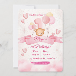 Aquarell-Teddybär Rosa Mädchen 1. Geburtstag Einladung