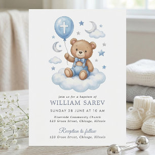 Aquarell Teddybär Taufe Mond und Sterne Sauber Einladung