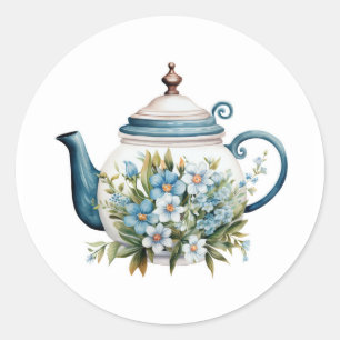 Aquarell-Teekanne mit weißen blauen Blumen Klassik Runder Aufkleber