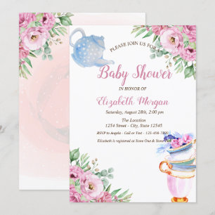 Aquarell Teekanne Teetasse Floral Babyparty Einladung