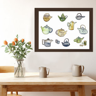 Aquarell-Teekannen zur Teestunde Handbemalte Kunst Poster