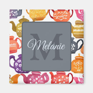 Aquarell-Teekannenmuster personalisiertes Monogram Magnet