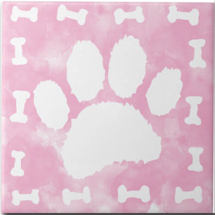 Aquarell-Tierpfotenabdruck und Knochen Rosa Fliese