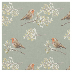 Aquarell Tiny European Robin & Blätter Stoff