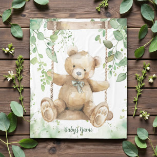 Aquarell-Töne Grün Teddybär Fleecedecke