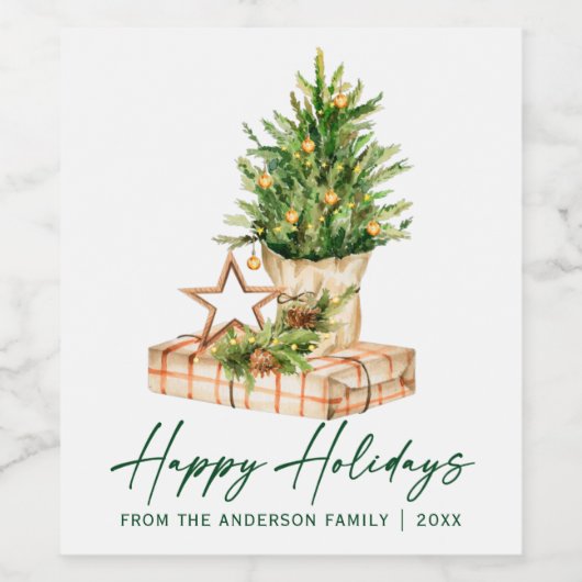 Aquarell Tree Calligrafy Ink Script Holiday Weinetikett (Einzelnes Label)