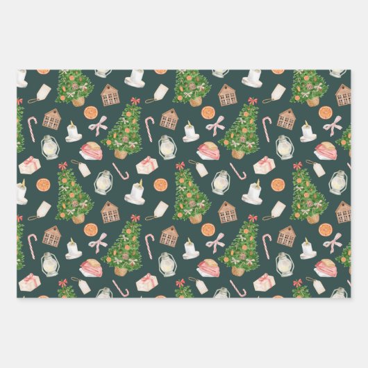 Aquarell Treegeschenke Süßigkeiten Cane Weihnachts Geschenkpapier Set (Vorderseite)