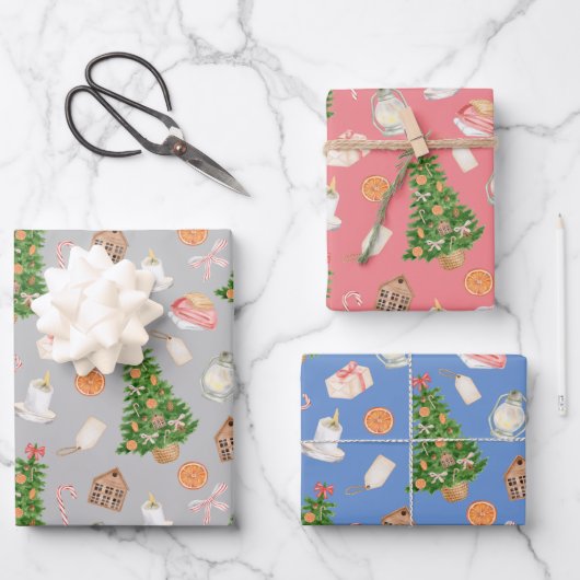 Aquarell Treegeschenke Süßigkeiten Cane Weihnachts Geschenkpapier Set (Vorderseite)