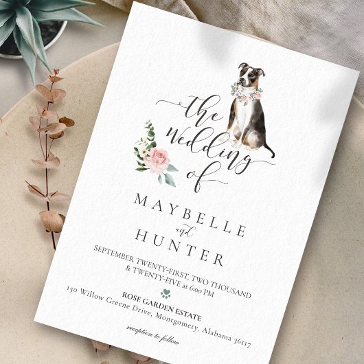 Aquarell Tricolor Pitbuli Pet Blütenrosa Rose Einladung