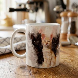 Aquarell-Trio aus süßen schwarzen und orangefarben Kaffeetasse