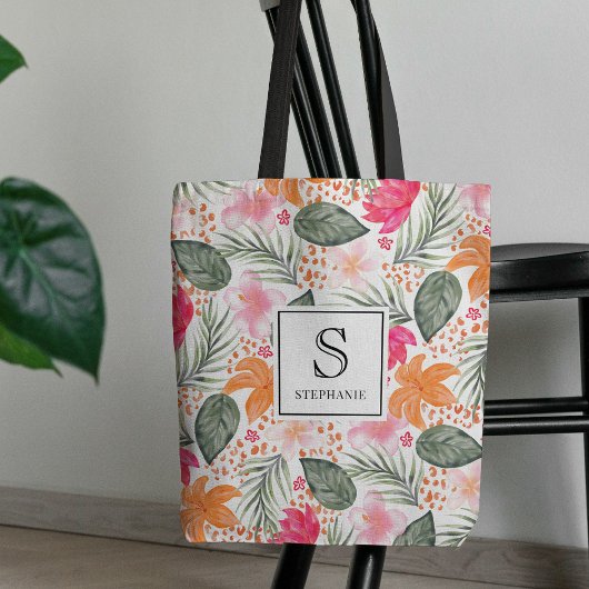Aquarell-Tropen-Blumenmuster-Schick-Monogramm Tasche