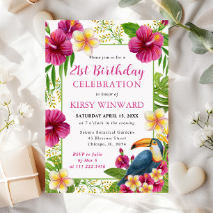 Aquarell-Tropen-Blumenrahmen-Tukan-Geburtstag Einladung