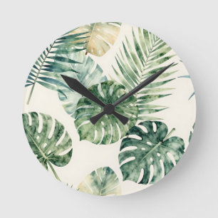 Aquarell-Tropenblätter Monstera-Palm-Muster Runde Wanduhr