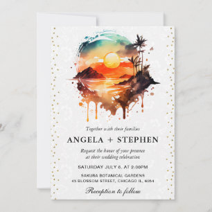 Aquarell-Tropeninsel-Sonnenuntergangs-Hochzeit Einladung